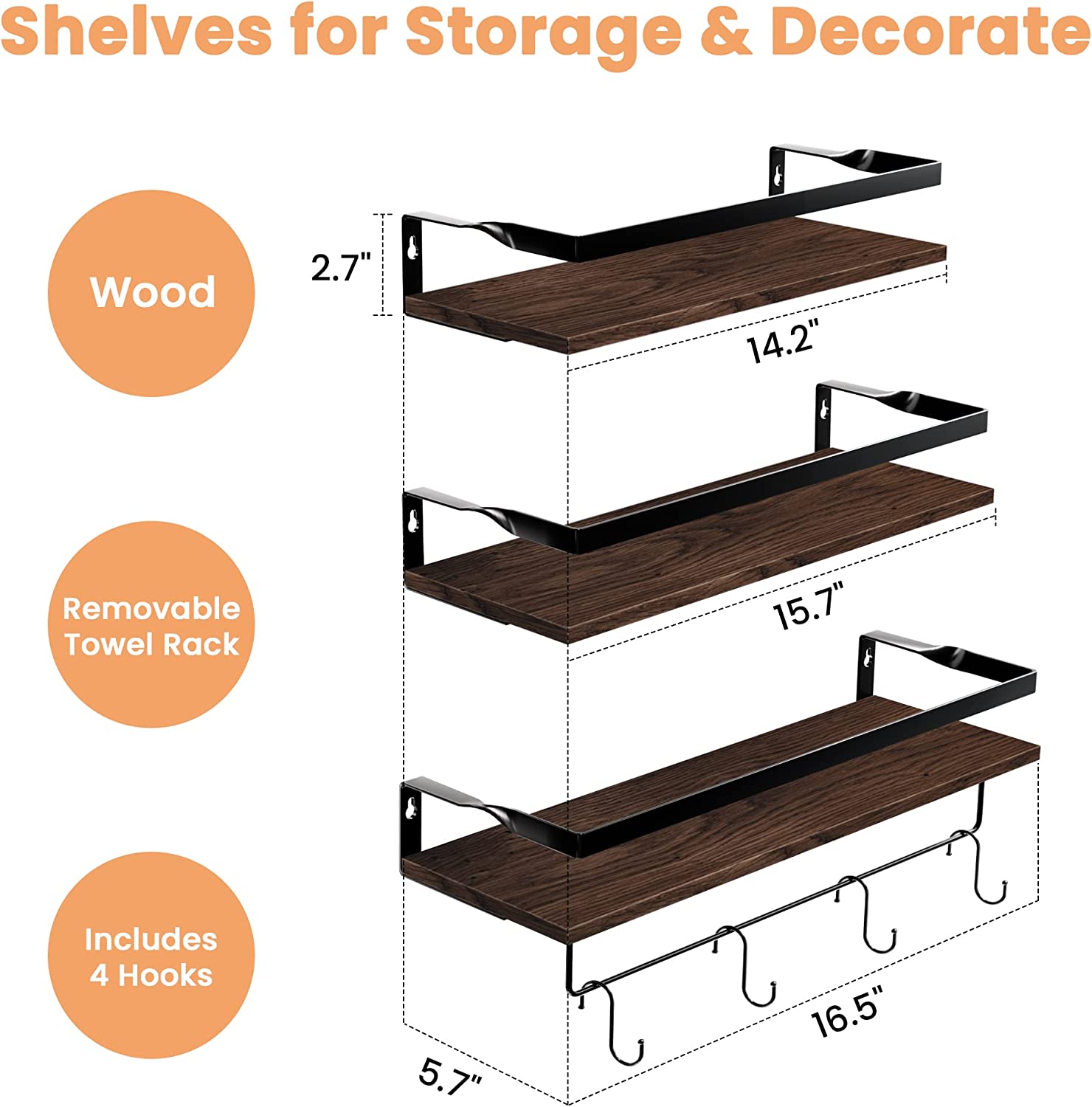 Set of 3 Wall Shelf, Floating Shelves for Wall Decor, 16.5/14.2