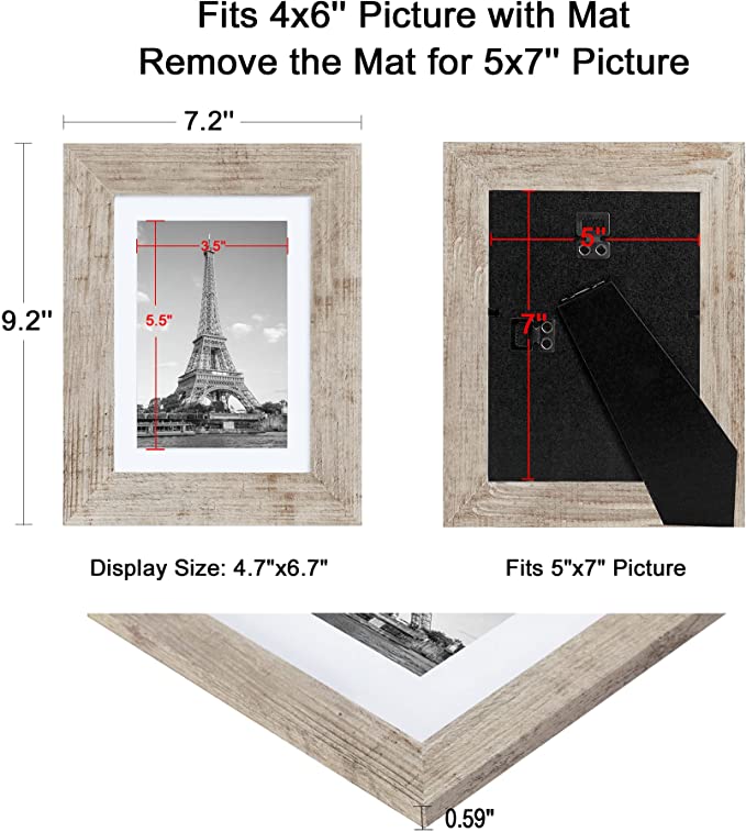 upsimples 5x7 Picture Frame Distressed Grey with Real Glass, Display  Pictures 4x6 with Mat or 5x7 Without Mat, Multi Photo Frames Collage for  Wall or