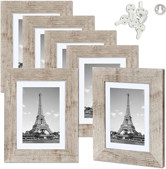  upsimples 5x7 Picture Frame Distressed White with Real Glass,  Display Pictures 4x6 with Mat or 5x7 Without Mat, Multi Photo Frames  Collage for Wall or Tabletop Display, Set of 6