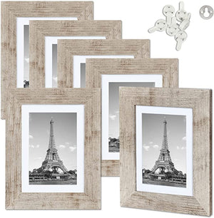 upsimples 5x7 Picture Frame Distressed Burlywood with Real Glass, Display Pictures 4x6 with Mat or 5x7 Without Mat, Multi Photo Frames Collage for Wall or Tabletop Display, Set of 6