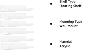 upsimples White Acrylic Shelves for Wall Storage, 15" Acrylic Floating Shelves Wall Mounted, Kids Bookshelf, Display Ledge Wall Shelves for Bedroom, Living Room, Bathroom, Kitchen, Set of 6