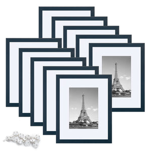 upsimples 8x10 Picture Frame Set of 10, Display Pictures 5x7 with Mat or 8x10 Without Mat, Multi Photo Frames Collage for Wall or Tabletop Display, Navy Blue
