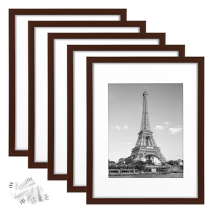 upsimples 11x14 Picture Frame Set of 5, Display Pictures 8x10 with Mat or 11x14 Without Mat, Wall Gallery Photo Frames, Brown