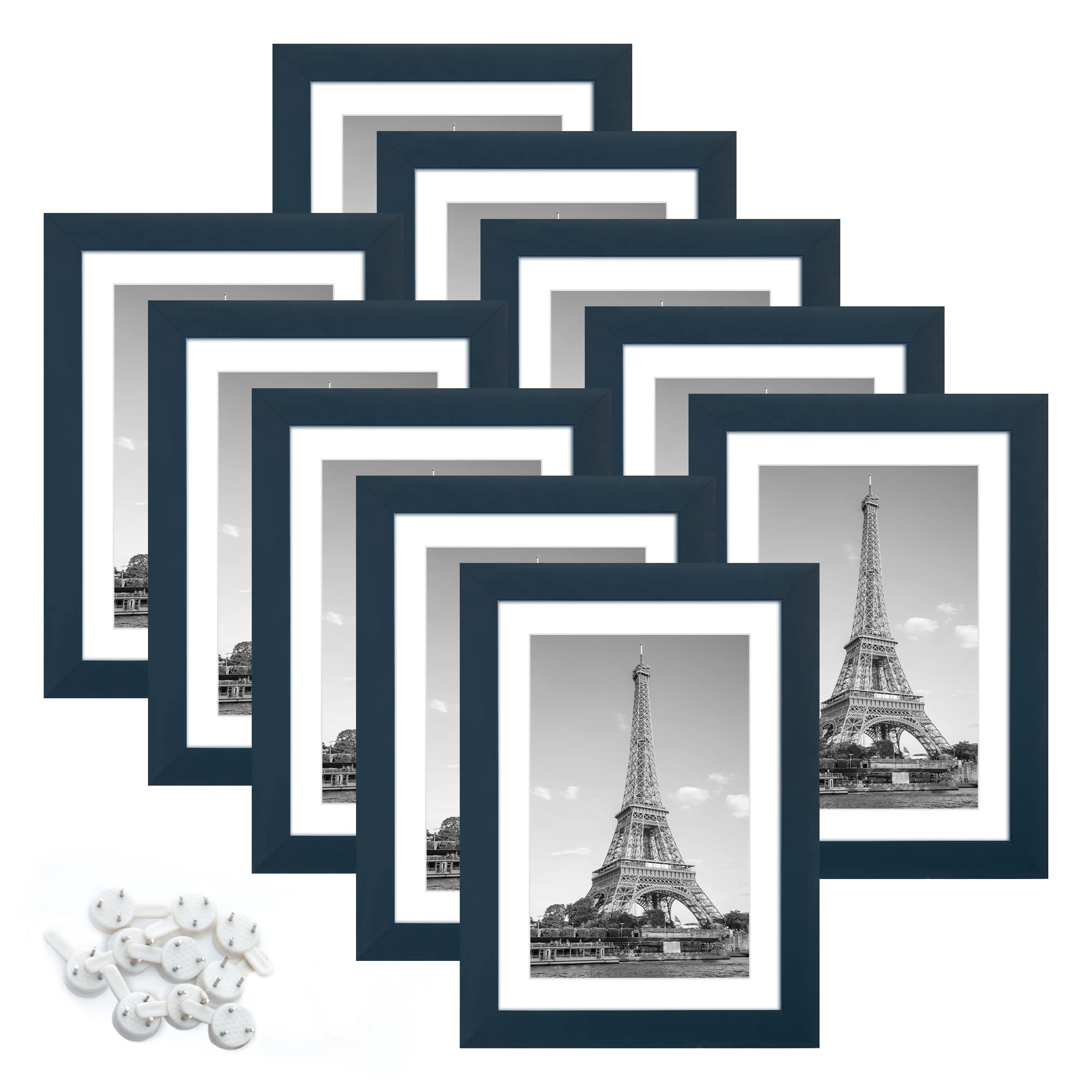 upsimples 5x7 Picture Frame Set of 10 Display Pictures 4x6 with Mat or 5x7 Without Mat Multi Photo Frames Collage for Wall or Tabletop Display Navy