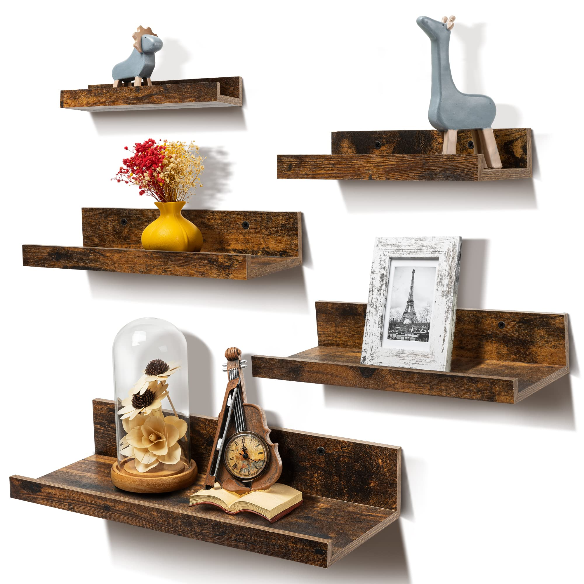 Wall Mounted Floating Shelves With Metal Frame, Rustic Wood