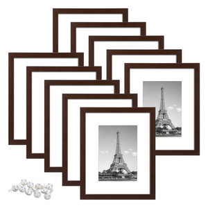 upsimples 8x10 Picture Frame Set of 10, Display Pictures 5x7 with Mat or 8x10 Without Mat, Multi Photo Frames Collage for Wall or Tabletop Display, Brown