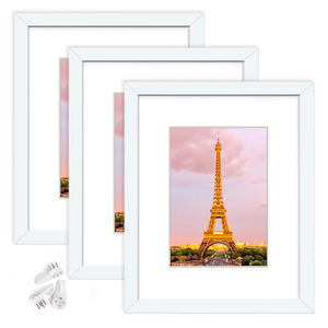 upsimples 8x10 Picture Frame Set of 3, Made of High Definition Glass for 5x7 with Mat or 8x10 Without Mat, Wall Mounting Photo Frames, White