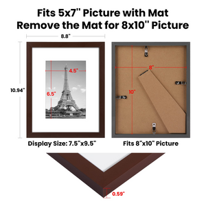 upsimples 8x10 Picture Frame Set of 10, Display Pictures 5x7 with Mat or 8x10 Without Mat, Multi Photo Frames Collage for Wall or Tabletop Display, Brown