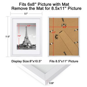 upsimples 8.5x11 Picture Frame Set of 10,Display Pictures 6x8 with Mat or 8.5x11 Without MatMulti Photo Frames Collage for Wall or Tabletop Display,White