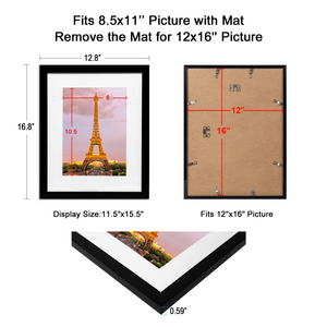 upsimples 12x16 Picture Frame Set of 3, Made of High Definition Glass for 8.5x11 with Mat or 12x16 Without Mat, Wall Mounting Photo Frames, Black