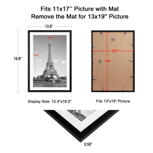 upsimples 13x19 Picture Frame Set of 5,Display Pictures 11x17 with Mat or 13x19 Without Mat,Wall Gallery Photo Frames, Black