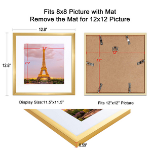 upsimples 12x12 Picture Frame Set of 3,Display Pictures 8x8 with Mat or 12x12 Without Mat,Multi Photo Frames Collage for Wall, Gold