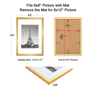 upsimples 8x12 Picture Frame Set of 5,Display Pictures 6x8 with Mat or 8x12 Without Mat,Wall Gallery Photo Frames, Gold