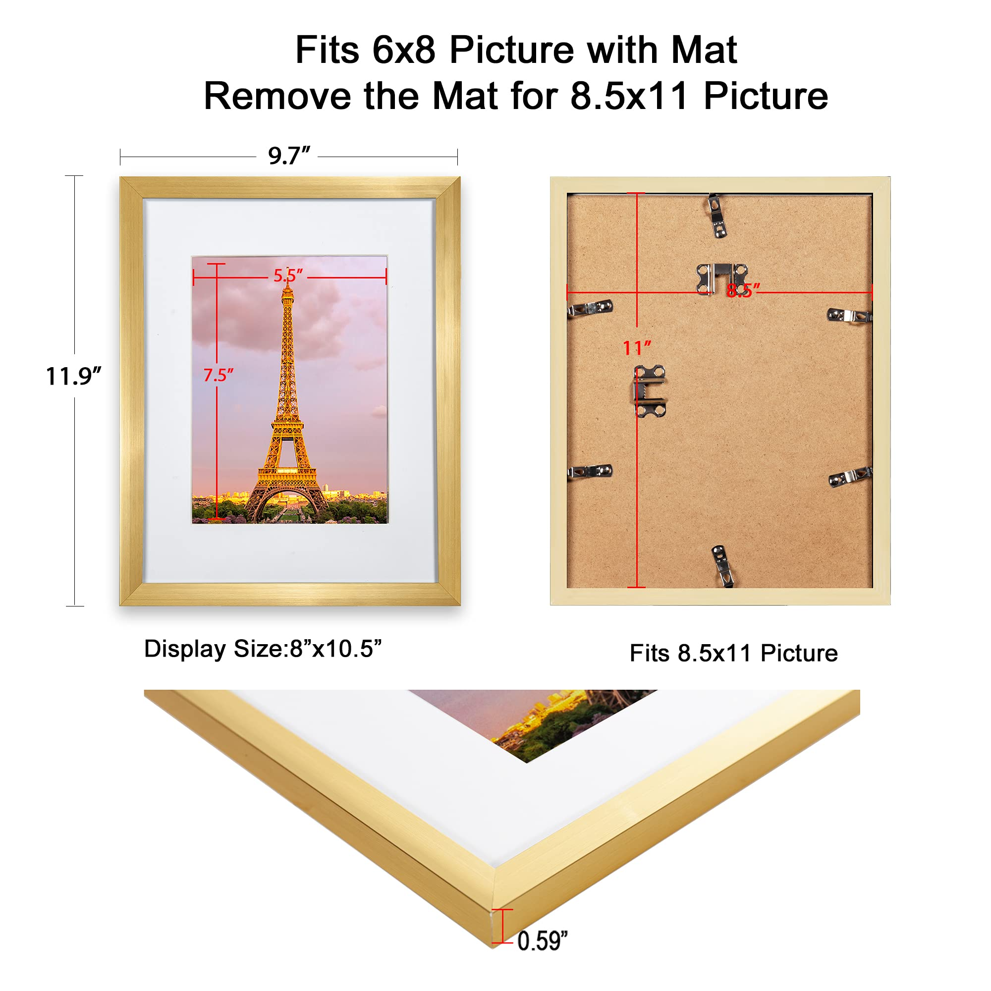upsimples 9x12 Picture Frame Set of 3,Made of High Definition Glass for 6x8  with Mat or 9x12 Without Mat,Wall Mounting Photo Frame Gold