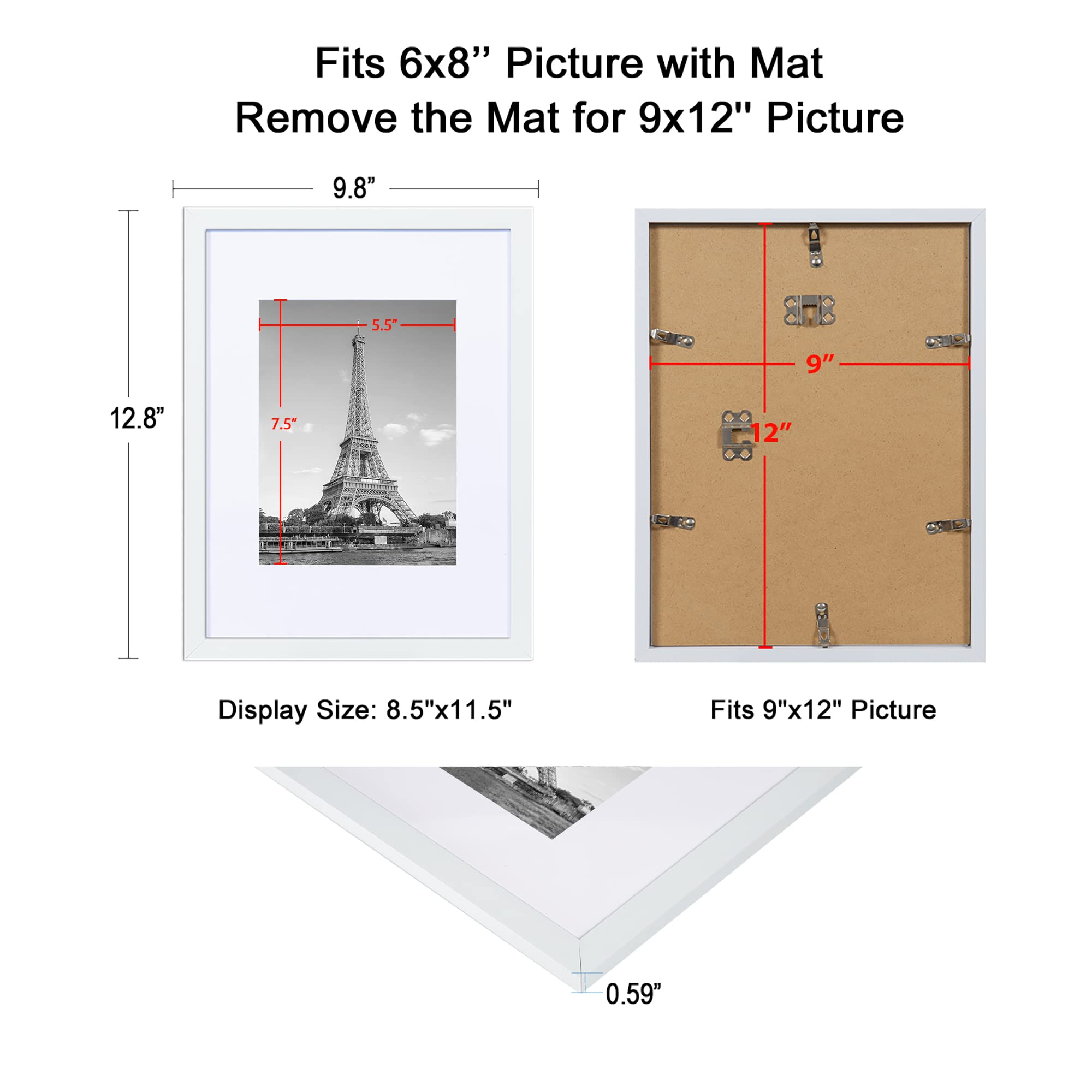 9x12 Picture Frame Set of 5,Display Pictures 6x8 with Mat or 9x12