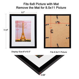 upsimples 8.5x11 Picture Frame Set of 3, Made of High Definition Glass for 6x8 with Mat or 8.5x11 Without Mat, Wall Mounting Photo Frames, Black