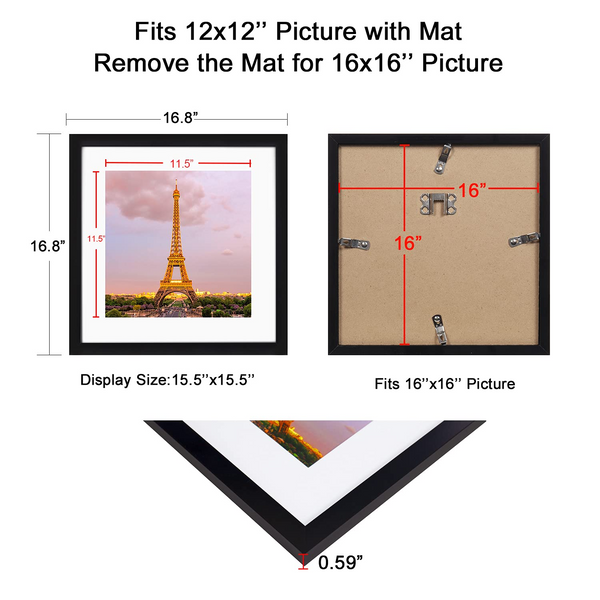 upsimples 16x16 Picture Frame Set of 3,Display Pictures 12x12 with Mat ...