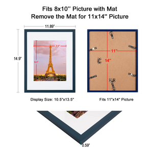 upsimples 11x14 Picture Frame Set of 3, Made of High Definition Glass for 8x10 with Mat or 11x14 Without Mat, Wall Mounting Photo Frames, Navy Blue