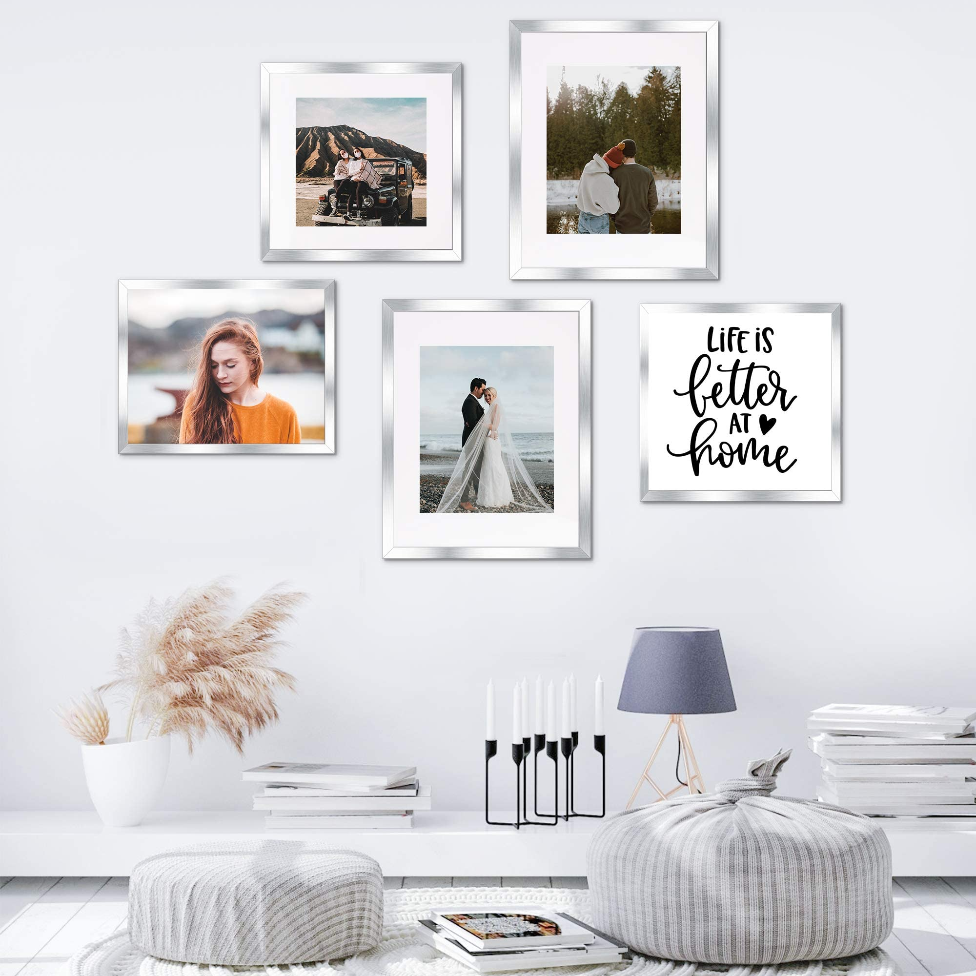 upsimples 5x7 Picture Frame Set of 10,Display Pictures 4x6 with Mat or 5x7  Without Mat,Multi Photo Frames Collage for Wall or Tabletop Display,Silver